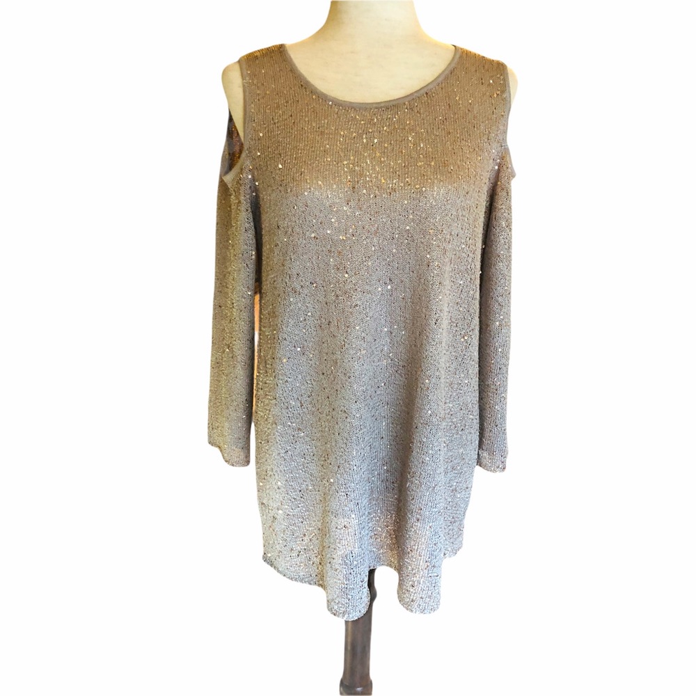 Alfani Cold Shoulder Tunic Champagne Sequins Top & Matching Cami Scoop Neck - Picture 2 of 10